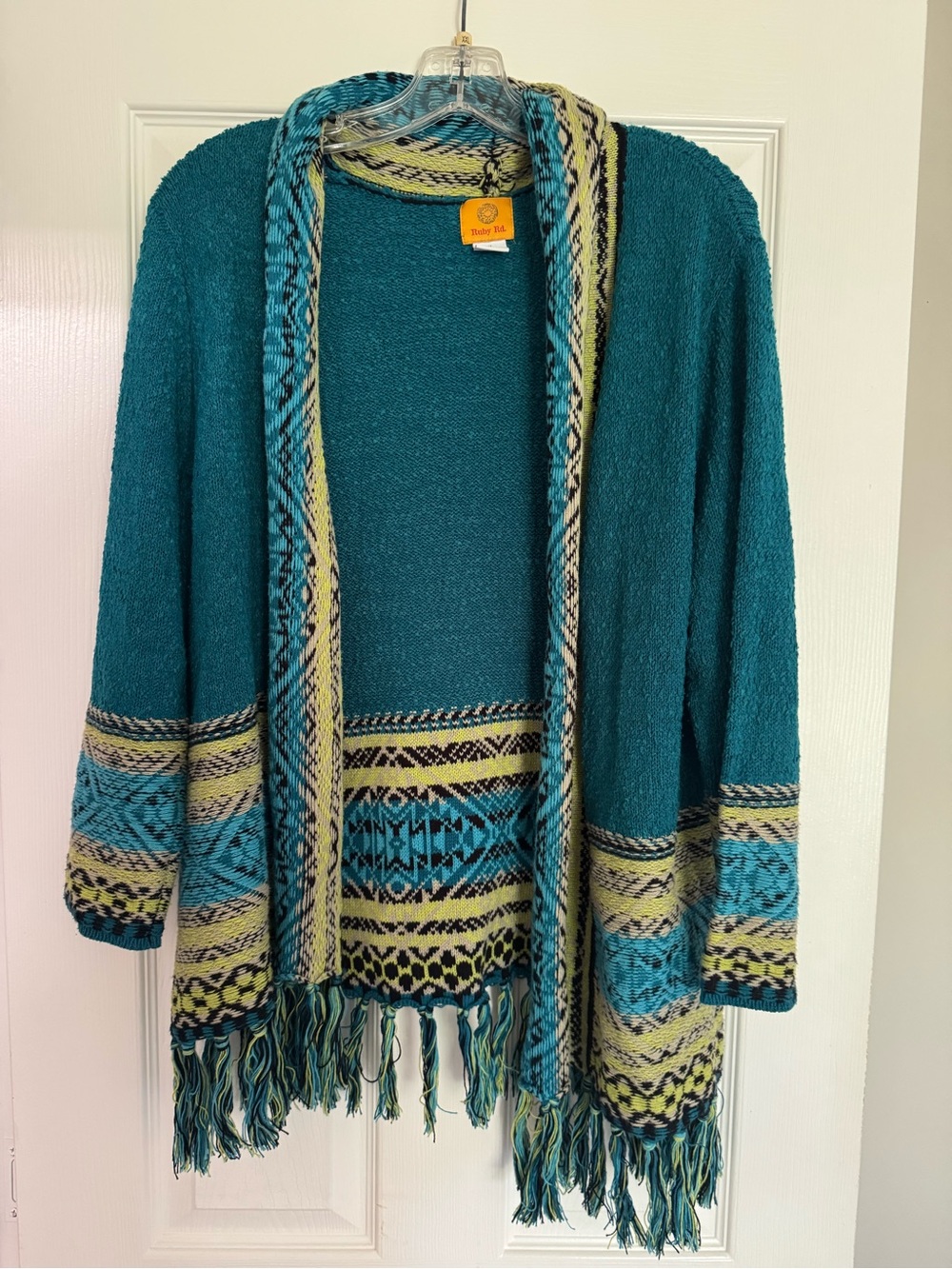 Ruby Rd. Teal Open-Front Fringe Knit Cardigan with Patterned Trim
